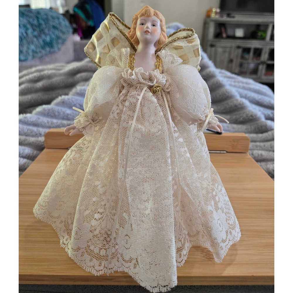 Vintage Porcelain Angel Christmas Tree Topper Cream Lace Gold Wings 8.5 Inch